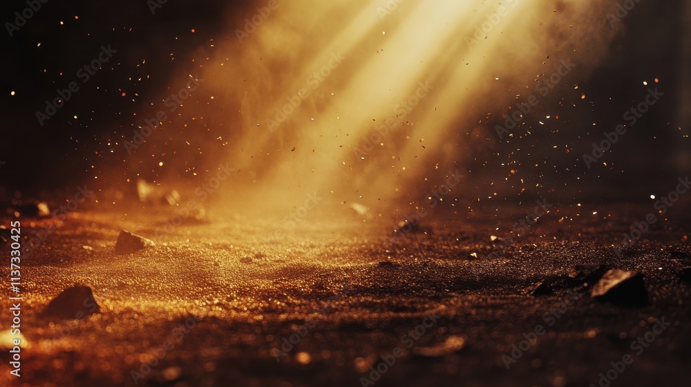 Poster a serene view of sunlight filtering through dust particles, illuminating a textured surface scattere