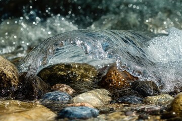 Close-up of flowing water over smooth stones in a natural setting.
