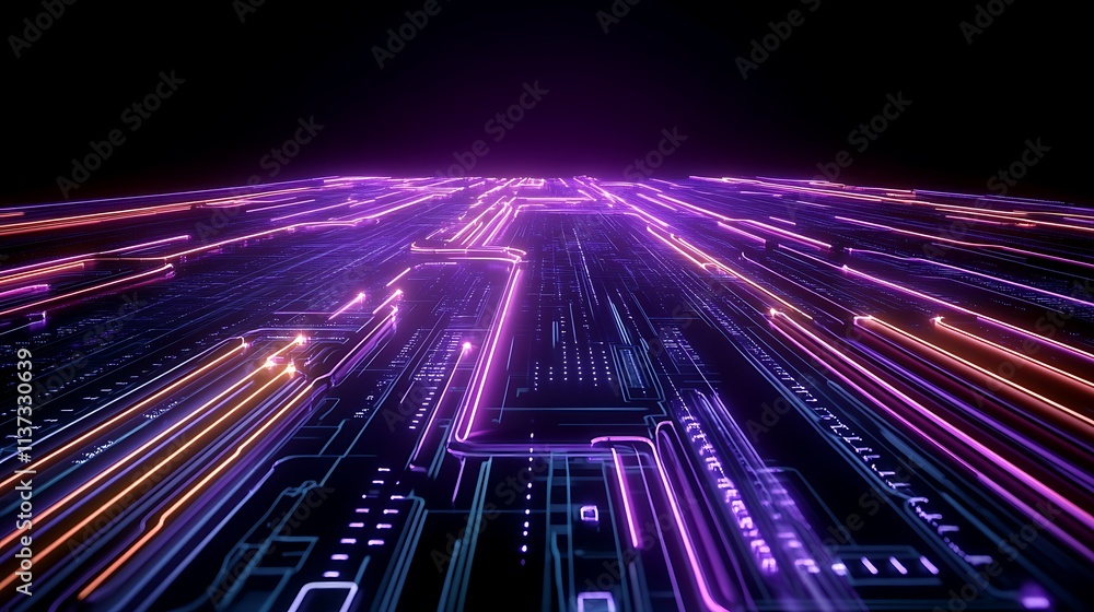 Poster futuristic digital landscape with colorful neon lights and abstract data flowing in a virtual enviro