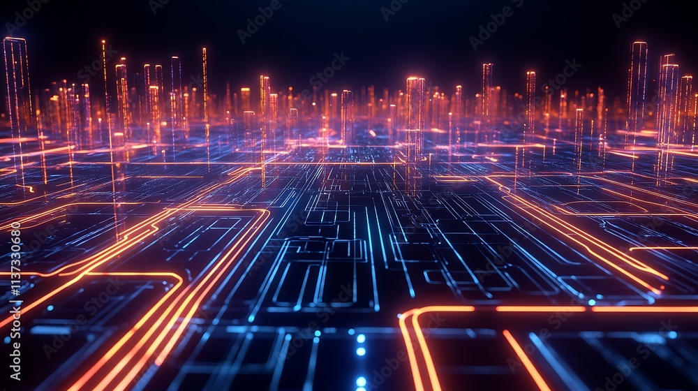 Poster futuristic digital landscape with glowing circuit paths and neon light patterns in a high-tech envir
