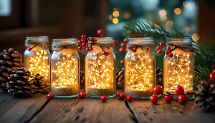 Mason Jars with Golden Fairy Lights