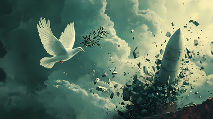 A dove holding an olive branch flying over a shattered nuclear missile. Shattered. Illustration