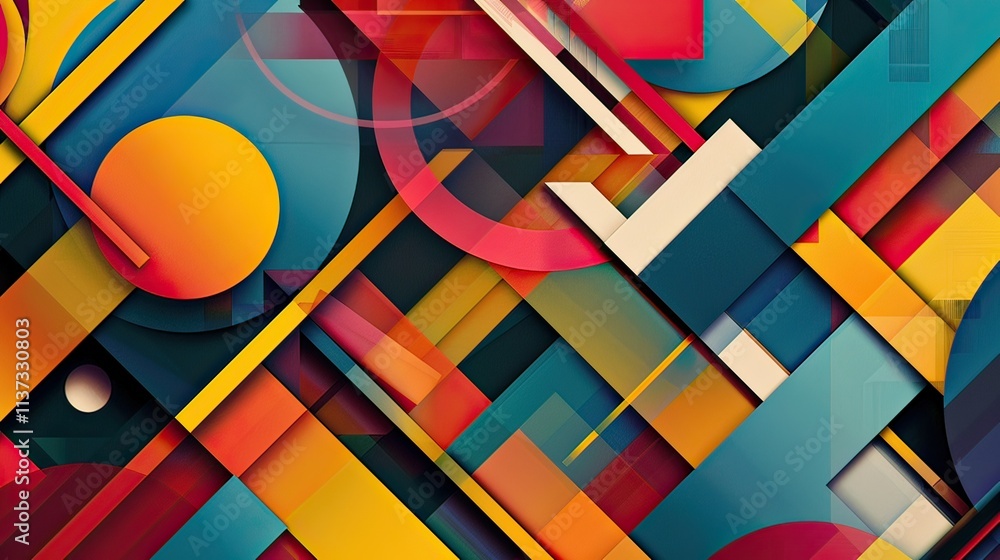 Poster A colorful abstract composition of overlapping geometric shapes.