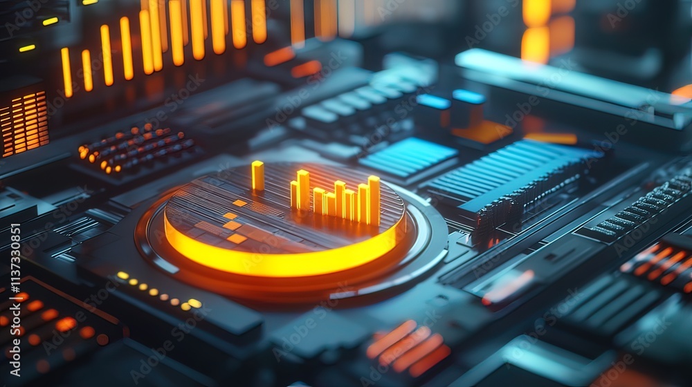 Poster abstract digital technology background with glowing orange bar graph on futuristic circuit board.