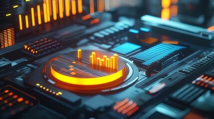 Abstract digital technology background with glowing orange bar graph on futuristic circuit board.