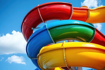 Colorful water slides against a blue sky. Perfect for summer fun, travel, and leisure themes.