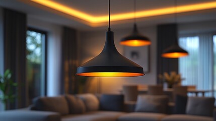 A cozy living space featuring stylish pendant lighting and modern furnishings.