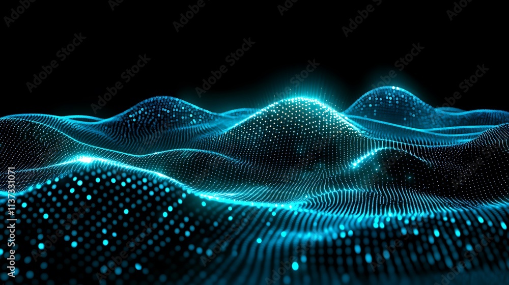 Poster futuristic digital landscape with luminous waves and sparkling dots in a dark background