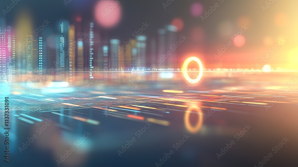 Poster abstract futuristic cityscape with glowing lines and bokeh lights, representing digital technology a