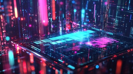 Abstract digital landscape with glowing lines and geometric shapes.