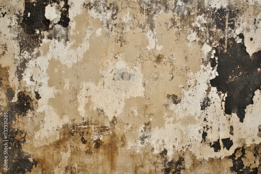 Poster a close-up view of a weathered wall displaying peeling paint and textured patterns in shades of beig