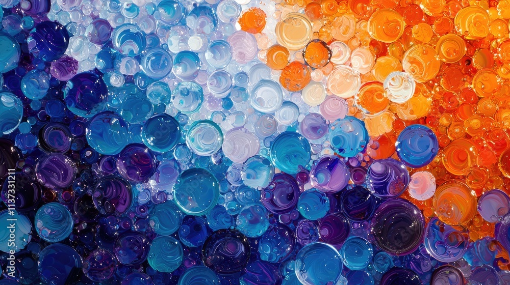 Aufkleber captivating abstract image featuring a dynamic arrangement of colorful bubbles in vivid blue, orange