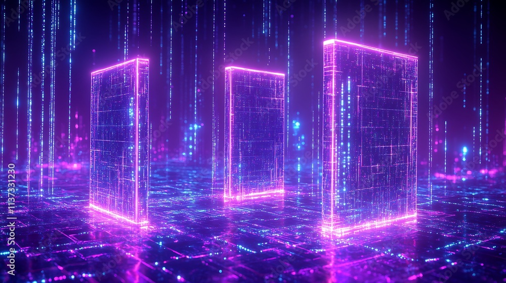 Poster futuristic digital landscape with neon grid and illuminated window structures in vibrant colors