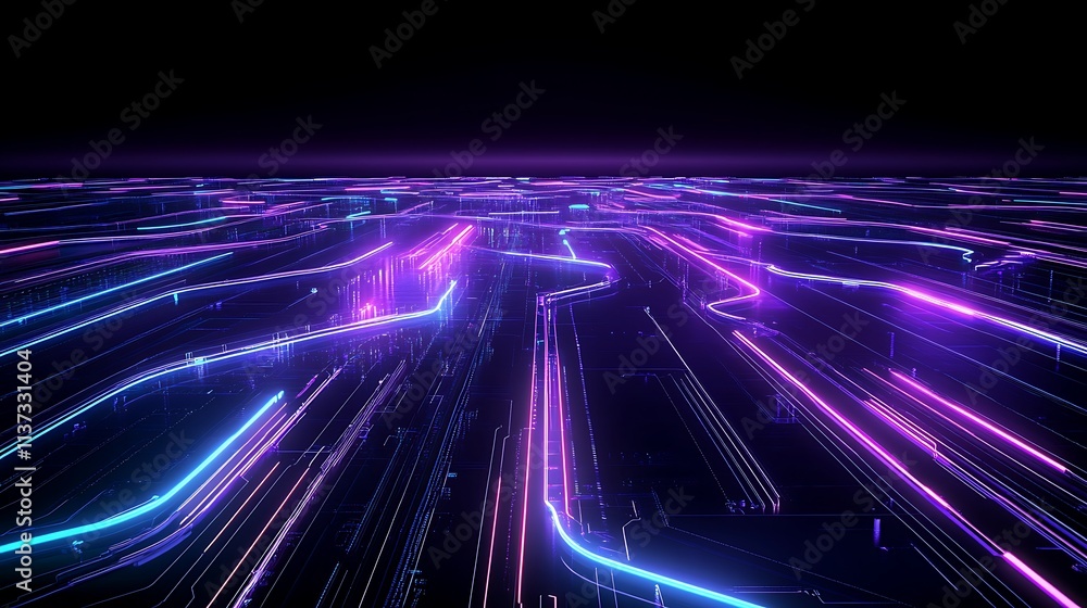 Poster futuristic digital landscape with neon lights and high-tech data flow on dark background