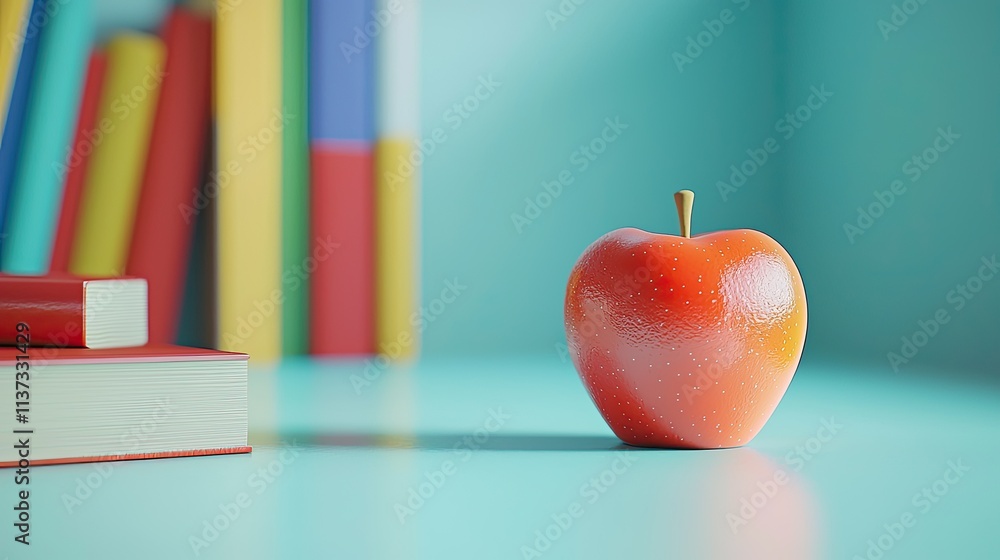 Poster a vibrant red apple sits on a light aqua surface, complemented by colorful books in the background. 