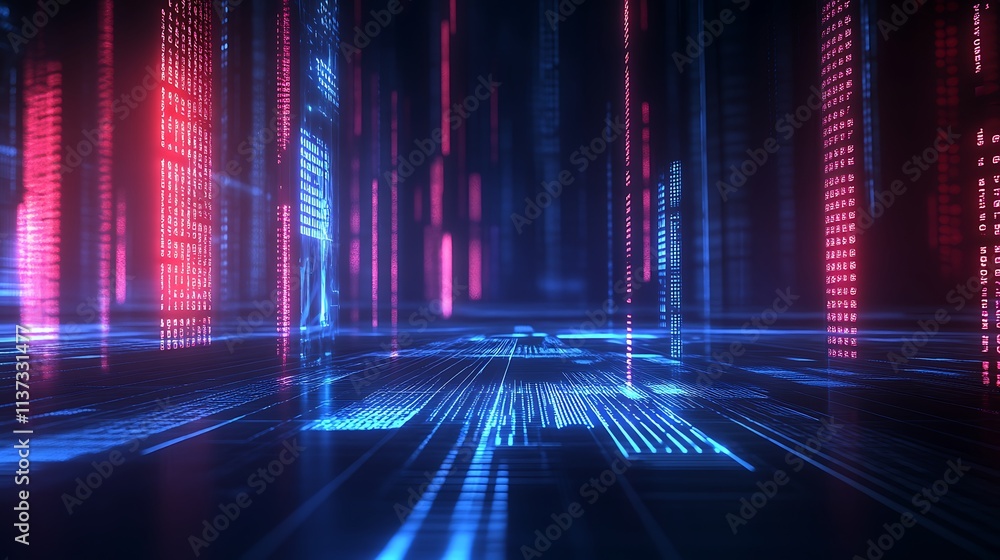 Poster futuristic digital landscape with vibrant neon colors and matrix style data flowing through a dark e