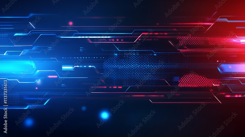Poster futuristic digital technology background with blue and red lights and abstract lines for innovation 