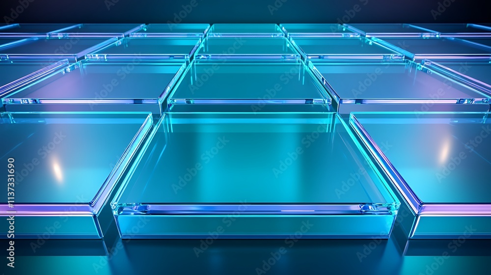 Poster futuristic glass tiles with neon glow in abstract pattern for modern technology and digital backgrou