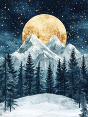Naklejka premium Winter background vector. Hand painted watercolor and gold brush texture, Mountain with snow, pine forest and moon hand drawing. Design for wallpaper, wall arts, cover, wedding and. invite card.