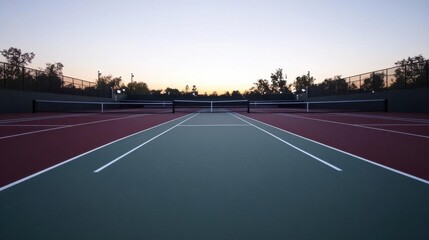 Fototapeta premium A serene tennis court at dusk, ready for evening matches.