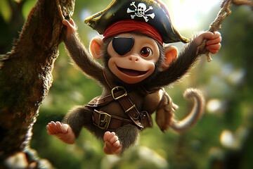 Adorable monkey pirate swinging on a vine in a lush jungle.