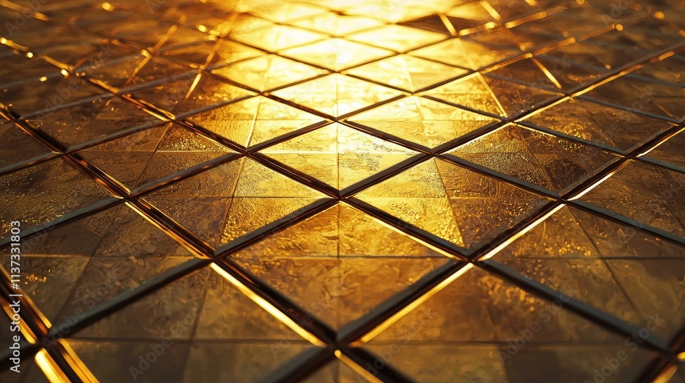 Aufkleber This abstract image features a detailed arrangement of metallic golden tiles creating a captivating geometric pattern ideal for various design applications and artistic p