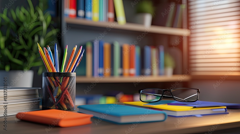 Poster a well-organized workspace features vibrant notepads, pens, and glasses, creating a motivating atmos