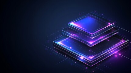 Futuristic Layered Rectangles with Vibrant Neon Lights on Dark Background for Digital Themes or Technology Designs