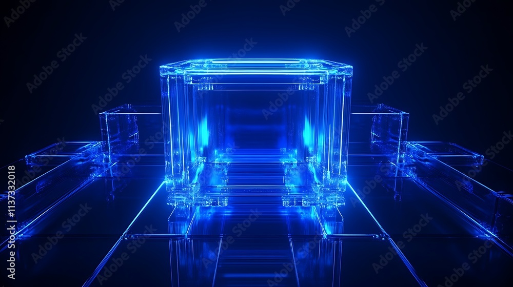 Poster futuristic neon blue abstract structure with glowing transparencies in a dark background for technol