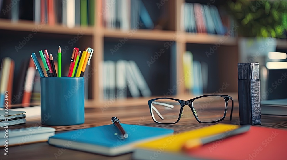 Poster a well-organized workspace features vibrant notepads, pens, and glasses, creating a motivating atmos