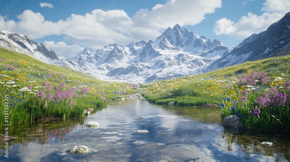 Aufkleber scenic view of majestic snow-capped mountains with their reflection in a clear stream, surrounded by