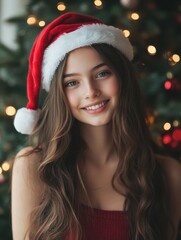 winter holidays, celebration and people concept - smiling girl in santa helper hat decorating christmas tree at home