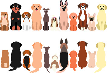 cute colorful cartoon dogs in a row, from the front and the back