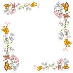 Floral frame with wildflowers and butterflies. Vector illustration.