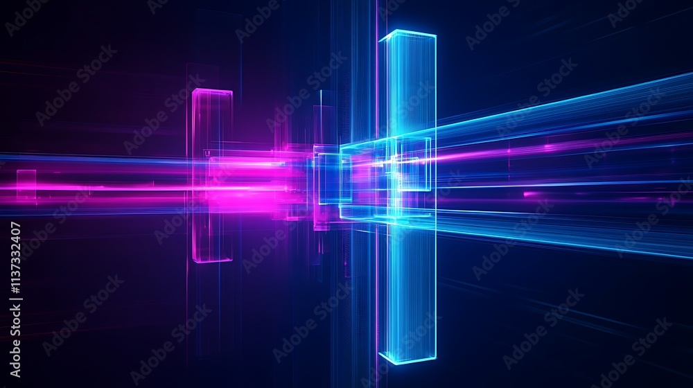 Poster futuristic neon light abstract background with colorful rays and geometric shapes in dark environmen