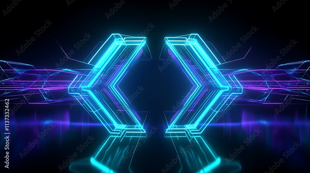 Poster Futuristic Neon Lights in Symmetrical Patterns with Reflections on Dark Background