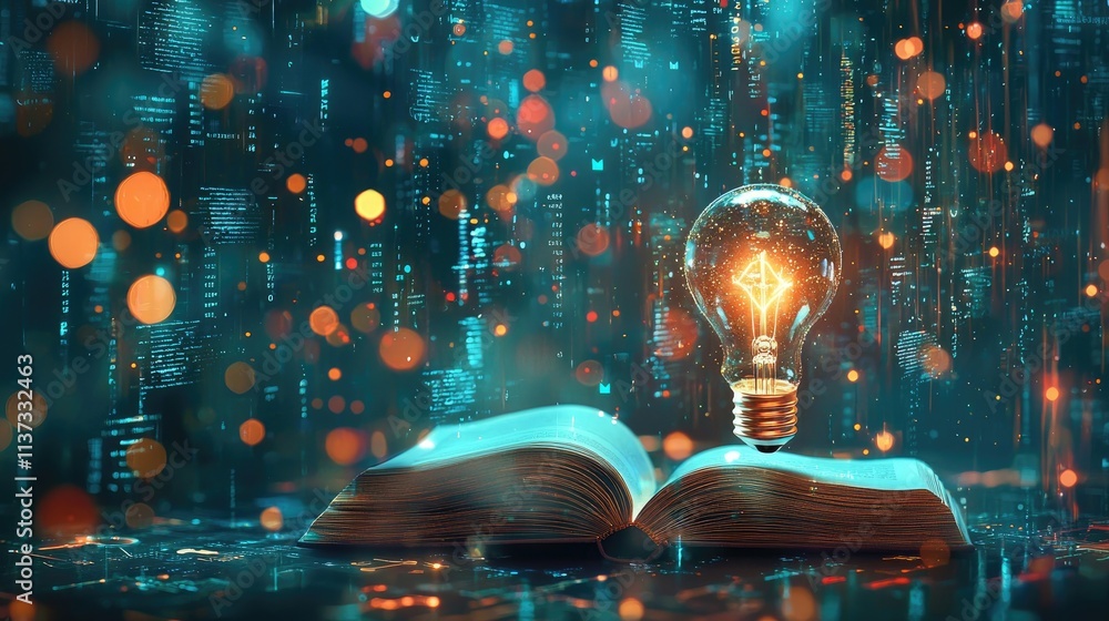 Aufkleber An open book illuminated by a light bulb symbolizes the fusion of knowledge and creativity, set against an abstract background representing data and insights.