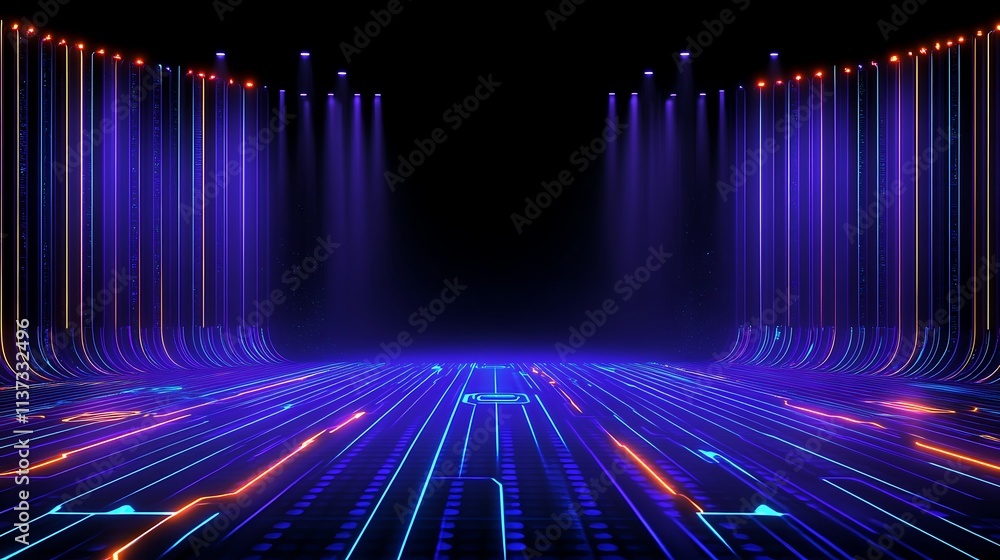 Poster futuristic neon stage with light beams and digital patterns for creative visuals and events