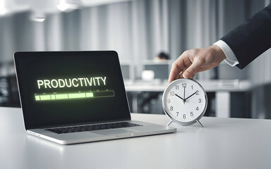 Productivity Progress: A businessman's hand reaches for an alarm clock, symbolizing time management and efficiency, while a laptop screen displays a loading bar labeled "Productivity.