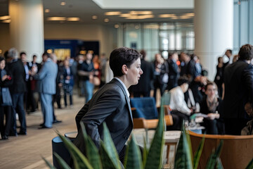 Fototapeta premium Professional rushing between meetings in a bustling corporate lobby