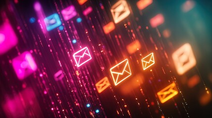 Abstract glowing email icons falling in a digital stream.
