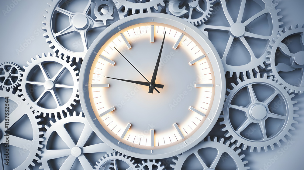 Poster time management: a clock face sits at the center of a intricate network of gears, symbolizing the im