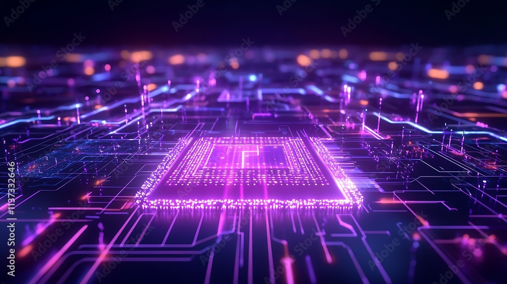 Poster futuristic technology abstract background with circuit board and neon lights for digital design proj