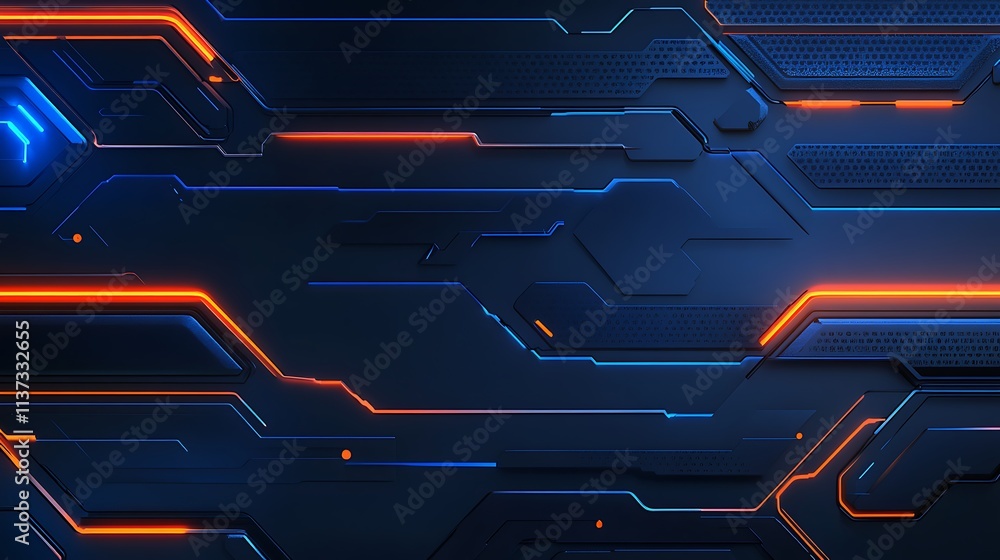Poster futuristic technology background with abstract circuit patterns and glowing neon lines in blue and o