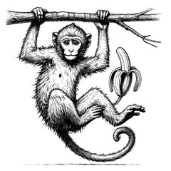 Fototapeta premium A cheeky monkey hanging from a branch, holding a banana, line sketch engraving.