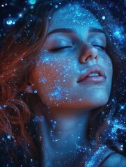 Young beautiful woman in starry night. cosmic theme. Tomna park. Israel
