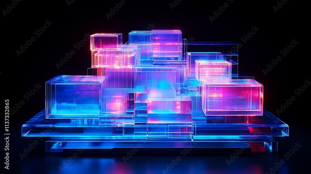 Poster modern abstract design with colorful transparent blocks on a dark background