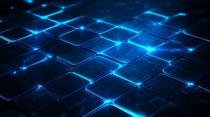Glowing Blue Tiles Reflecting Light in a Dark Background, Creating a Futuristic Digital Atmosphere