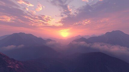 Fototapeta premium Experience the beauty of a stunning mountain landscape at sunrise, showcasing misty valleys and dramatic clouds, presenting nature s tranquility and vibrant colors.