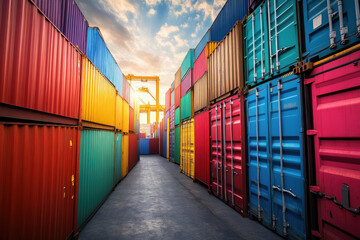 Fototapeta premium Colorful shipping containers stacked high at a busy port, with a crane visible in the background.